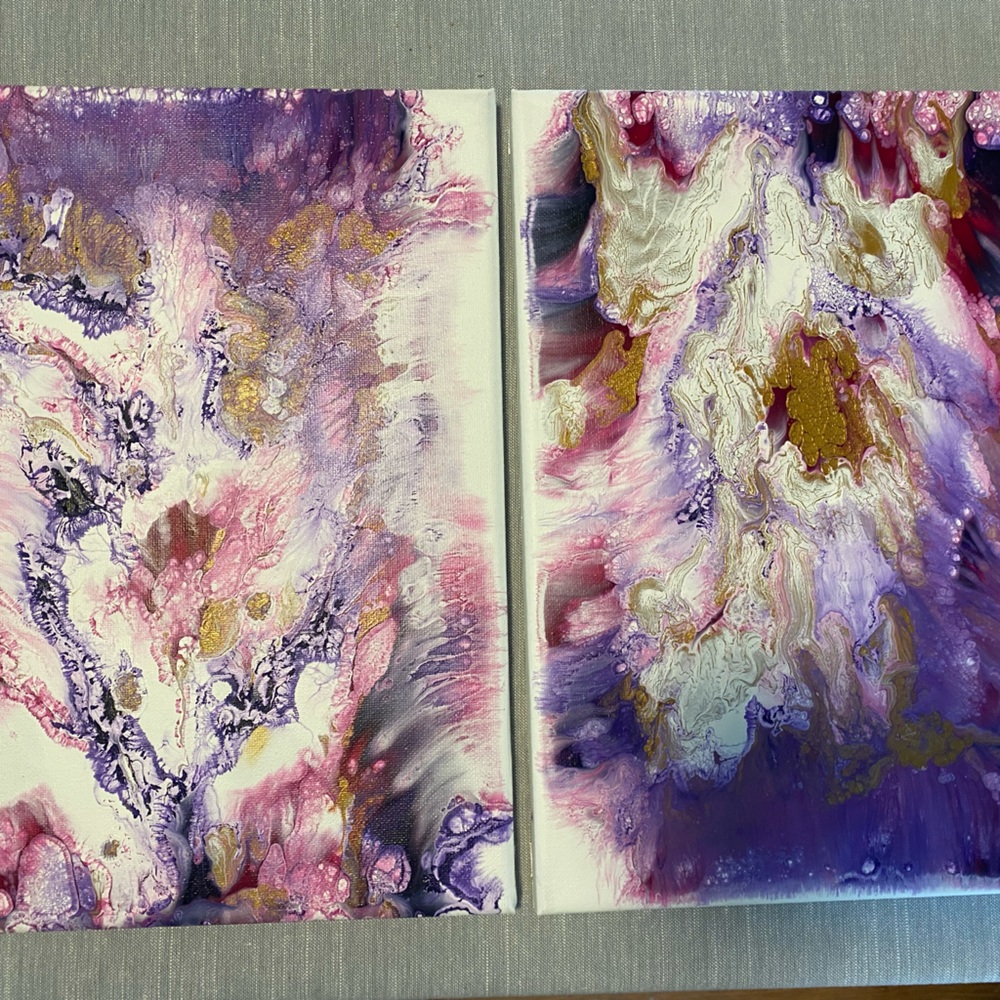 8 x 10 two side by side. Gold, purple, magenta & white & seal coat.